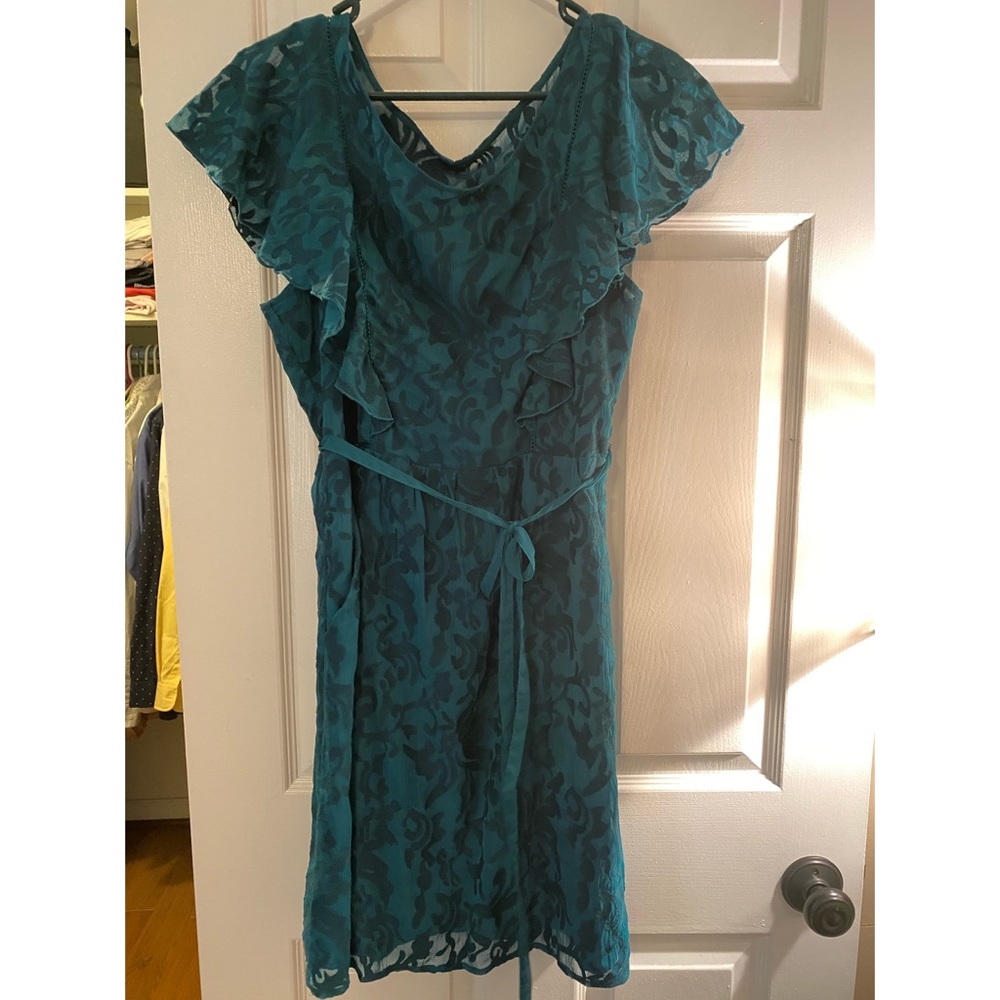 Teal Blue Sheer Overlay Dress with Pockets